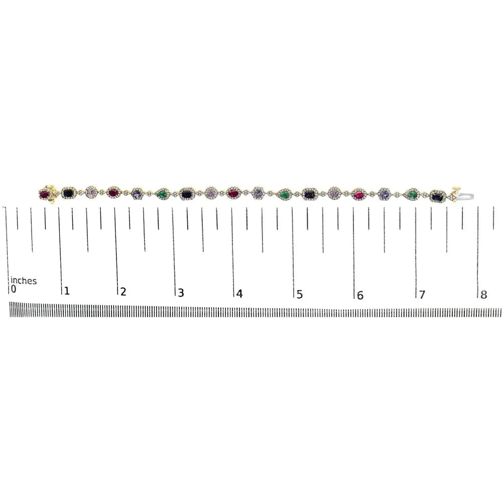 14k yellow gold multi-gemstone and 1ct diamond halo rainbow link bracelet bijoux-nyc direct