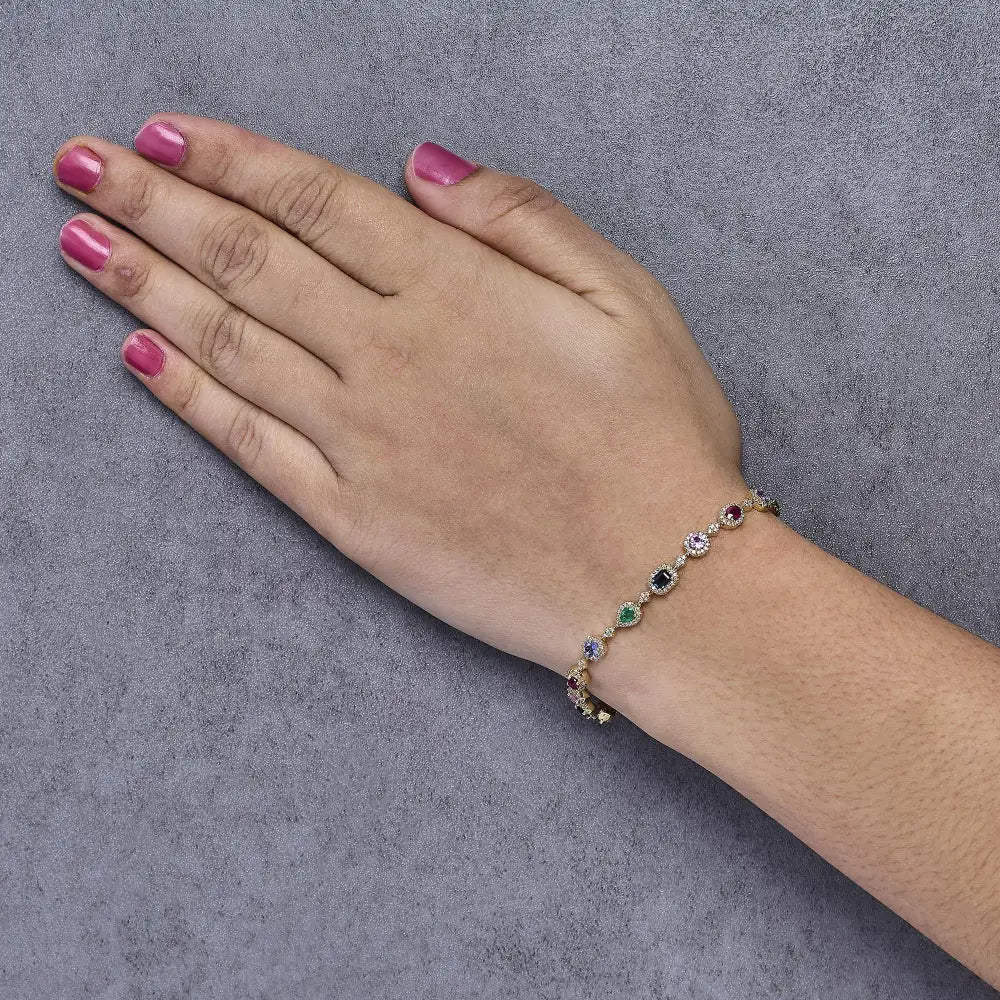 14k yellow gold multi-gemstone and 1ct diamond halo rainbow link bracelet bijoux-nyc direct