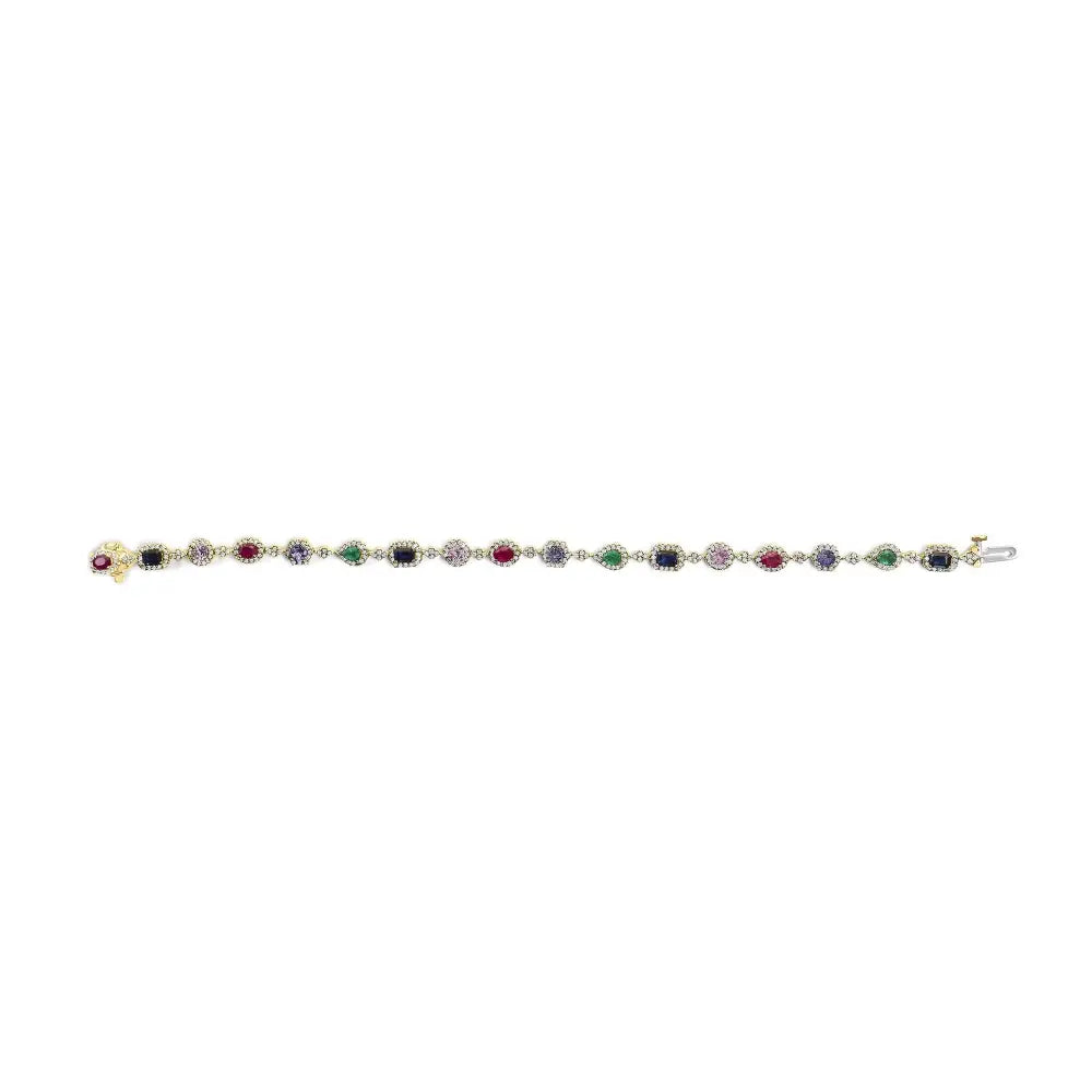 14k yellow gold multi-gemstone and 1ct diamond halo rainbow link bracelet bijoux-nyc direct