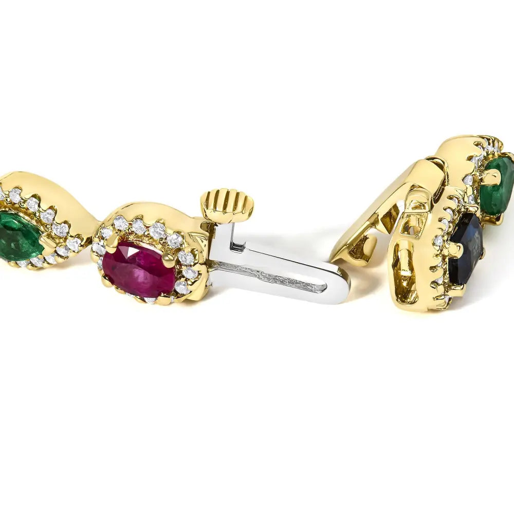 14k yellow gold multi-gemstone and 1 1/3 ctw diamond halo tennis bracelet bijoux-nyc direct