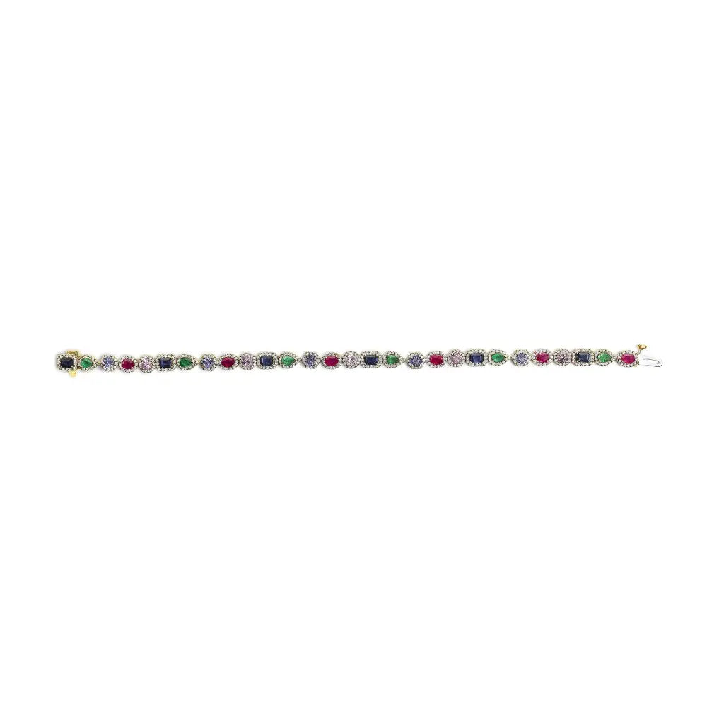 14k yellow gold multi-gemstone and 1 1/3 ctw diamond halo tennis bracelet bijoux-nyc direct