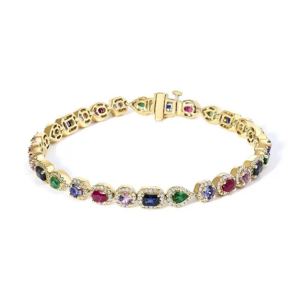 14k yellow gold multi-gemstone and 1 1/3 ctw diamond halo tennis bracelet bijoux-nyc direct
