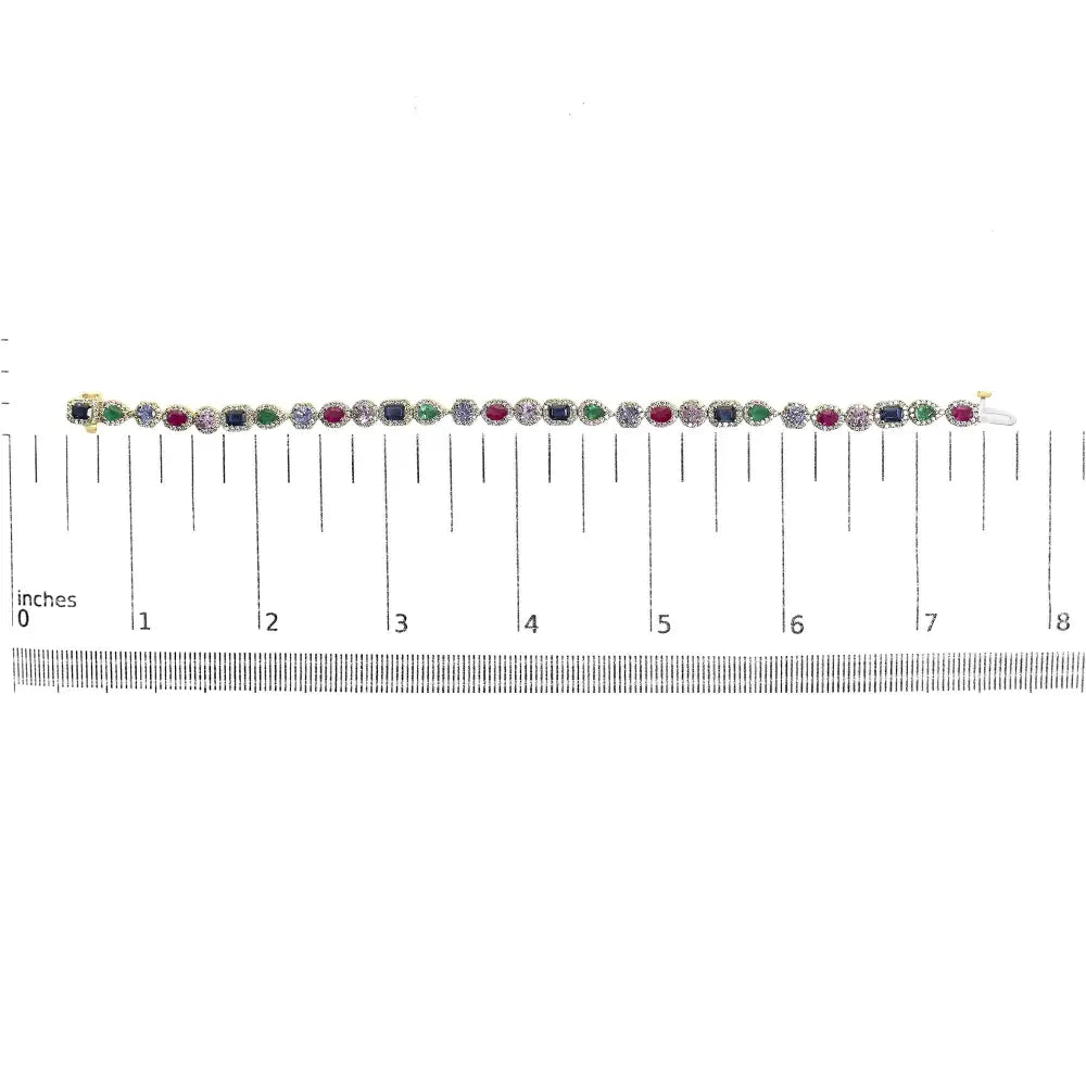 14k yellow gold multi-gemstone and 1 1/3 ctw diamond halo tennis bracelet bijoux-nyc direct