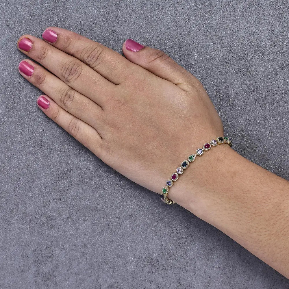 14k yellow gold multi-gemstone and 1 1/3 ctw diamond halo tennis bracelet bijoux-nyc direct