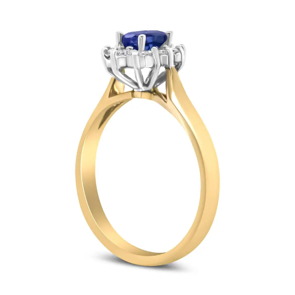 14k yellow gold oval blue tanzanite and 1/5 cttw diamond halo ring bijoux-nyc direct