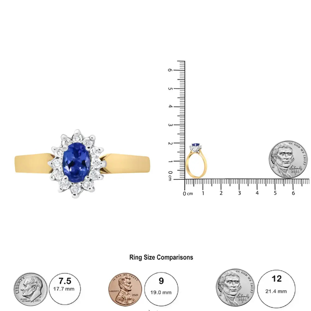 14k yellow gold oval blue tanzanite and 1/5 cttw diamond halo ring bijoux-nyc direct
