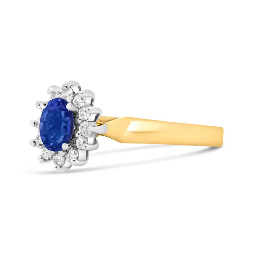 14k yellow gold oval blue tanzanite and 1/5 cttw diamond halo ring bijoux-nyc direct