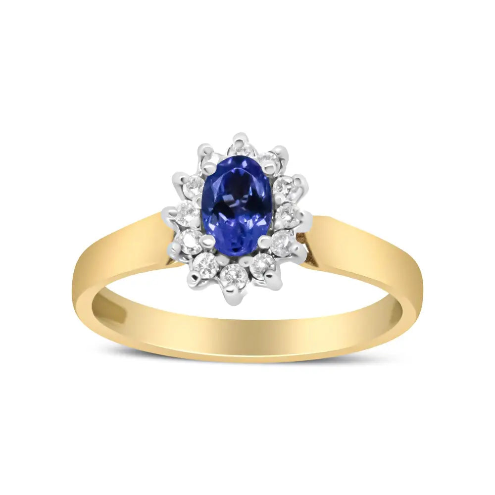 14k yellow gold oval blue tanzanite and 1/5 cttw diamond halo ring bijoux-nyc direct