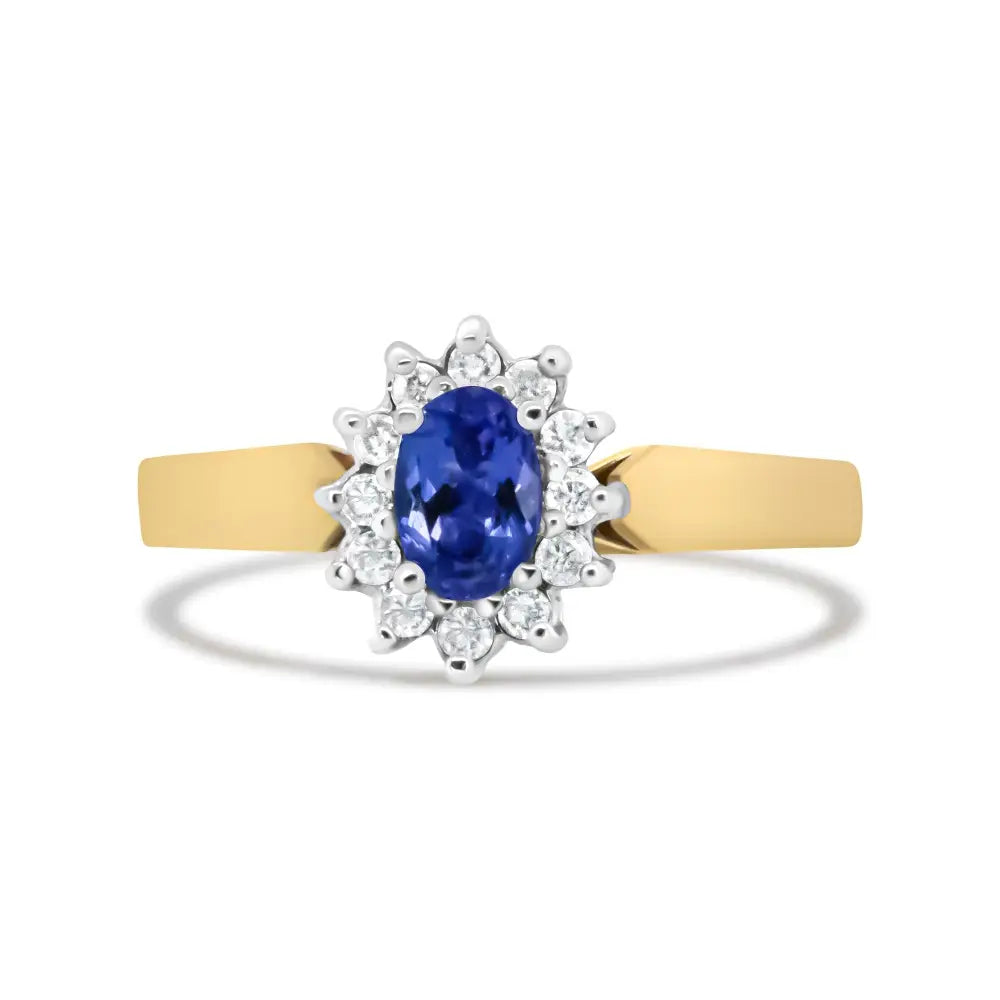14k yellow gold oval blue tanzanite and 1/5 cttw diamond halo ring bijoux-nyc direct