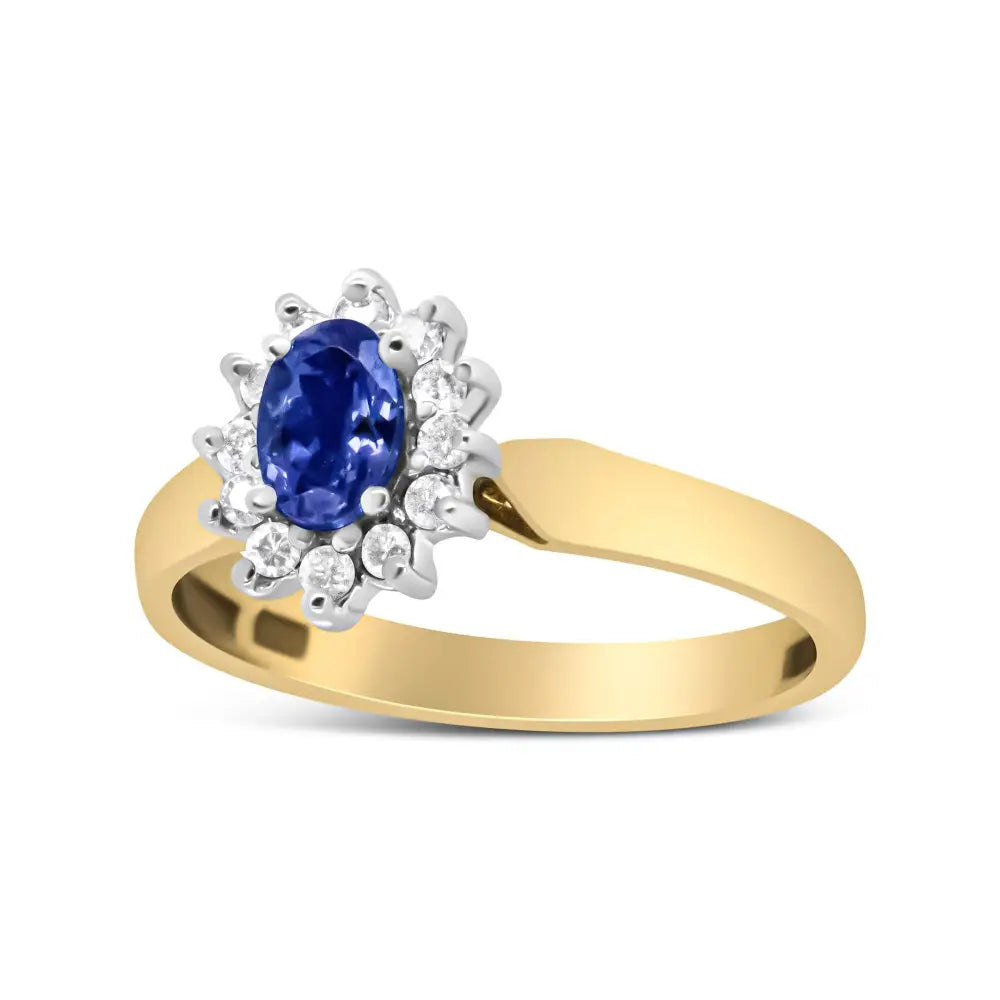 14k yellow gold oval blue tanzanite and 1/5 cttw diamond halo ring bijoux-nyc direct