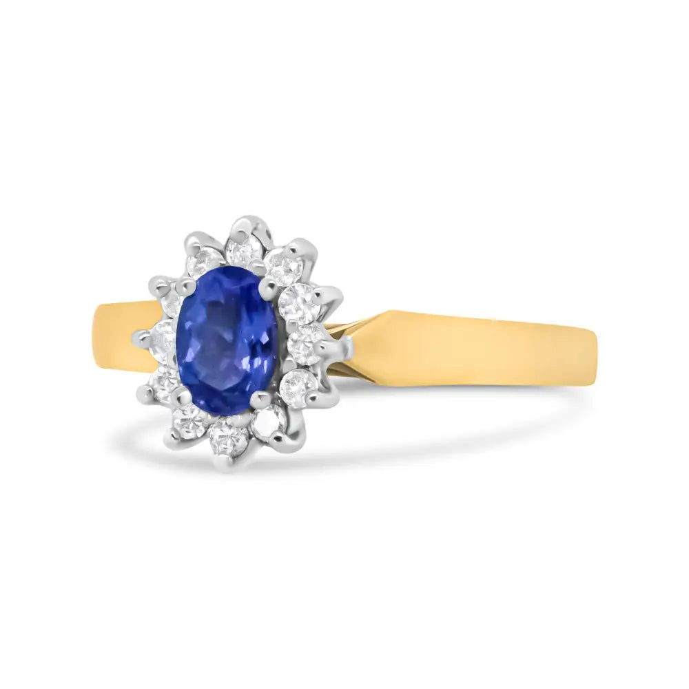 14k yellow gold oval blue tanzanite and 1/5 cttw diamond halo ring bijoux-nyc direct