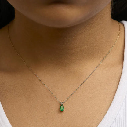 14K Yellow Gold Oval Green Emerald Solitaire Pendant Necklace - 18" Inches - Bijoux-NYC Direct