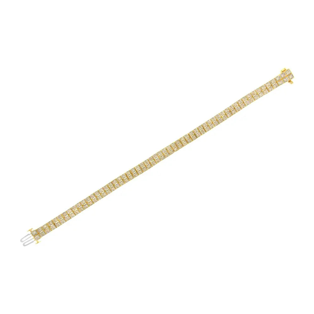 14K Yellow Gold over .925 Sterling Silver 3.0 Cttw Diamond Double Row Square Milgrain Link 7” Tennis Bracelet (K-L Color, I1-I2 Clarity) - Bijoux-NYC Direct