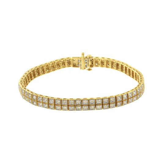 14K Yellow Gold over .925 Sterling Silver 3.0 Cttw Diamond Double Row Square Milgrain Link 7” Tennis Bracelet (K-L Color, I1-I2 Clarity) - Bijoux-NYC Direct