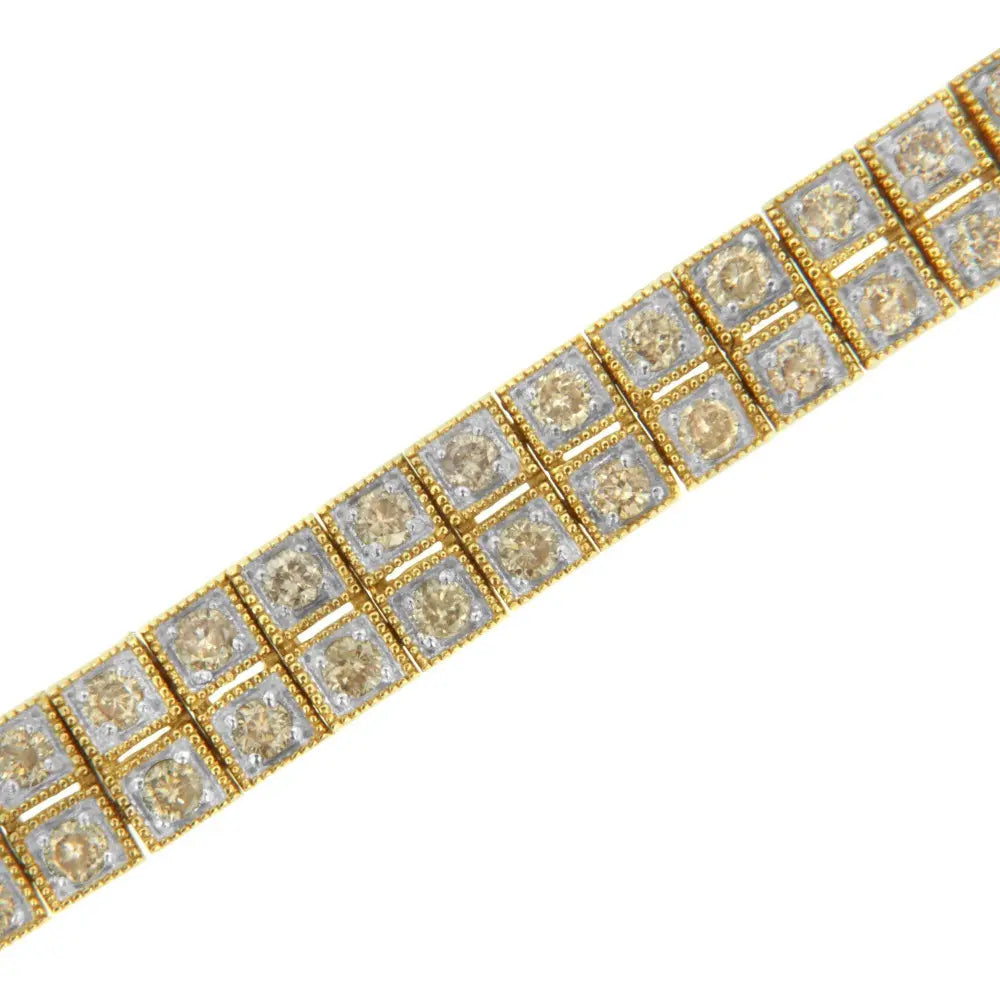 14K Yellow Gold over .925 Sterling Silver 3.0 Cttw Diamond Double Row Square Milgrain Link 7” Tennis Bracelet (K-L Color, I1-I2 Clarity) - Bijoux-NYC Direct
