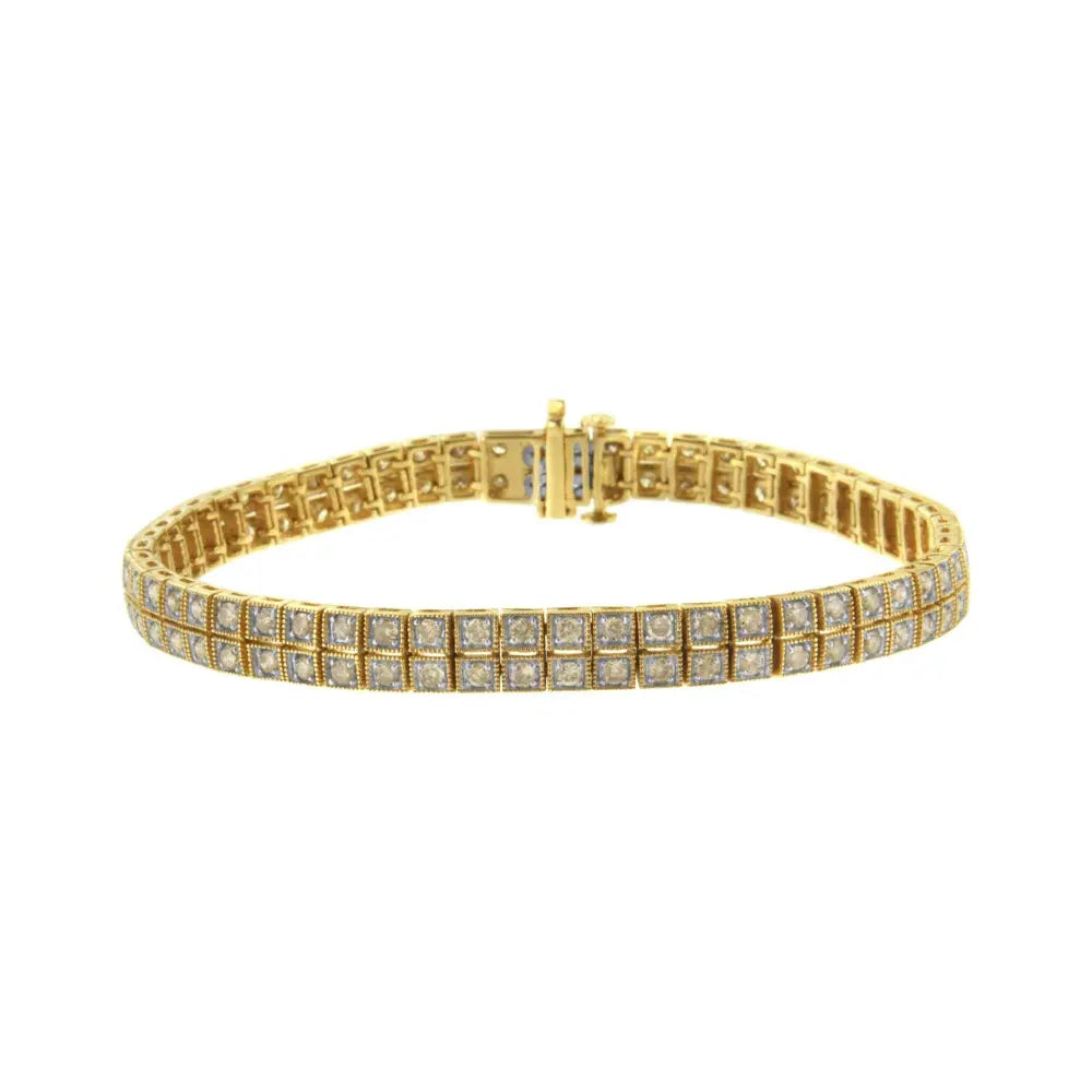 14K Yellow Gold over .925 Sterling Silver 3.0 Cttw Diamond Double Row Square Milgrain Link 7” Tennis Bracelet (K-L Color, I1-I2 Clarity) - Bijoux-NYC Direct