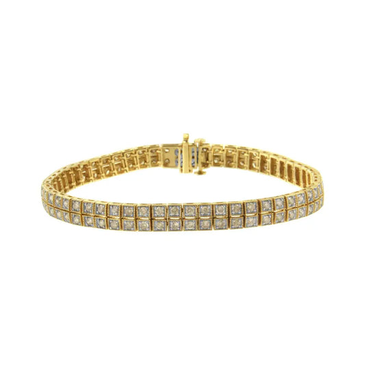 14K Yellow Gold over .925 Sterling Silver 3.0 Cttw Diamond Double Row Square Milgrain Link 7” Tennis Bracelet (K-L Color, I1-I2 Clarity) - Bijoux-NYC Direct