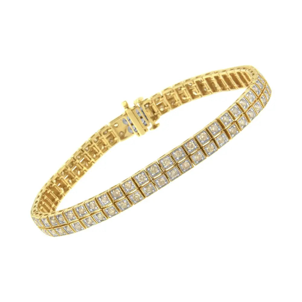 14K Yellow Gold over .925 Sterling Silver 3.0 Cttw Diamond Double Row Square Milgrain Link 7” Tennis Bracelet (K-L Color, I1-I2 Clarity) - Bijoux-NYC Direct