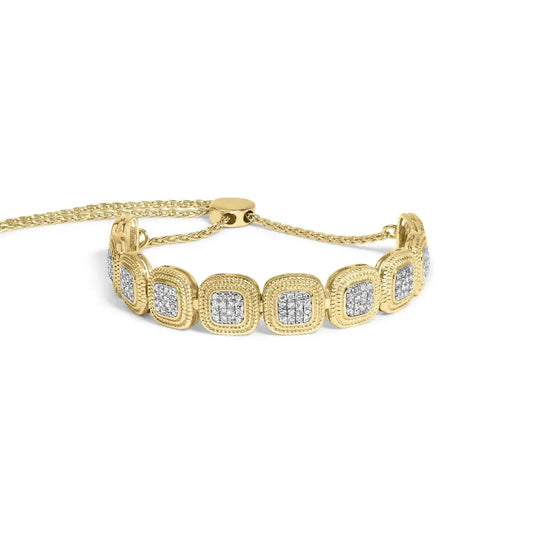 14k Yellow Gold Plated .925 Sterling 5/8 Cttw Diamond Composite Cushion Frame 4”-10” Adjustable Bolo Bracelet (G-H Color, I1-I2 Clarity) - Bijoux-NYC Direct