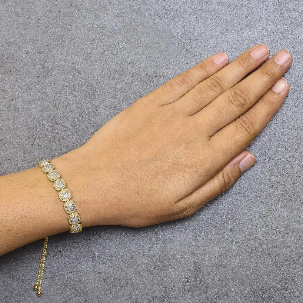 14k gold plated sterling silver 5/8ct diamond cushion bolo bracelet bijoux-nyc direct