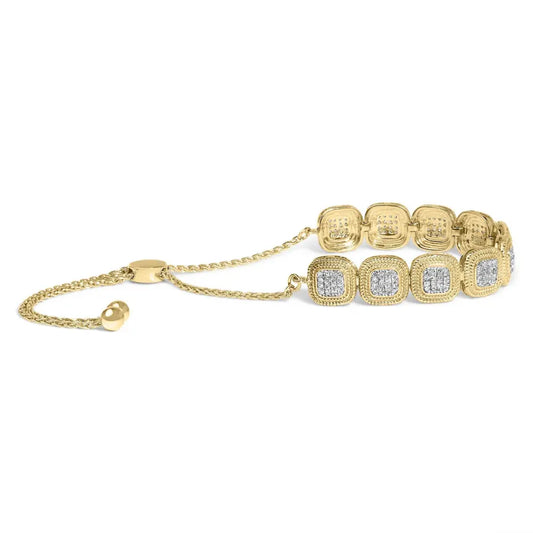 14k Yellow Gold Plated .925 Sterling 5/8 Cttw Diamond Composite Cushion Frame 4”-10” Adjustable Bolo Bracelet (G-H Color, I1-I2 Clarity) - Bijoux-NYC Direct