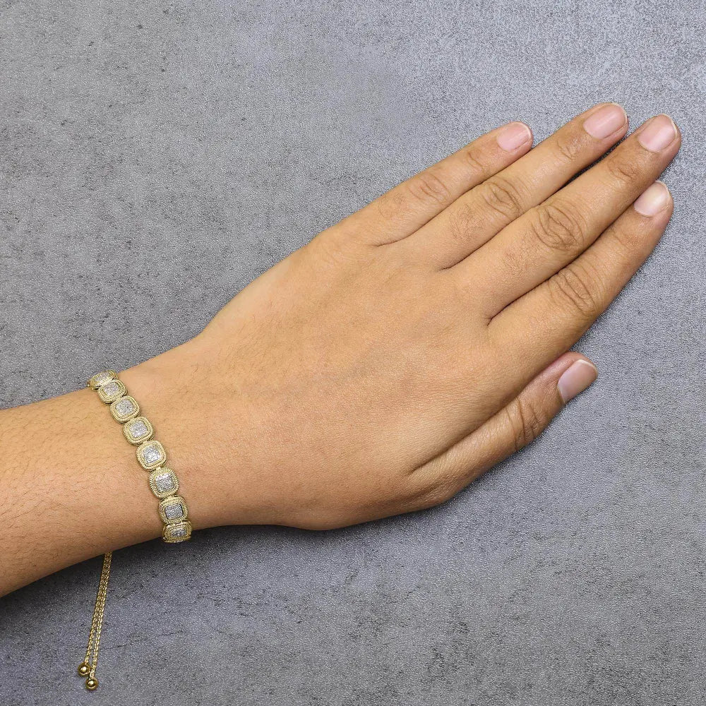 14k Yellow Gold Plated .925 Sterling 5/8 Cttw Diamond Composite Cushion Frame 4”-10” Adjustable Bolo Bracelet (G-H Color, I1-I2 Clarity) - Bijoux-NYC Direct