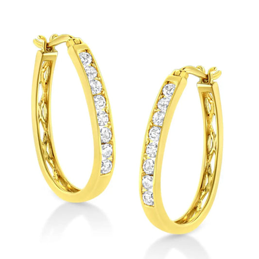 14k Yellow Gold Plated .925 Sterling Silver 1.0 Cttw Channel Set Brilliant Round Cut Diamond Hoop Earrings (J-K Color, I2-I3 Clarity) - Bijoux-NYC Direct