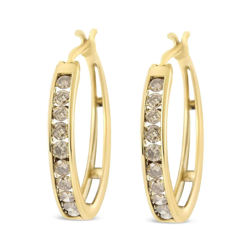 14K Yellow Gold Plated .925 Sterling Silver 1.0 Cttw Channel Set Champagne Diamond Hoop Earrings with Snap Post (K-L Color, I1-I2 Clarity) - Bijoux-NYC Direct