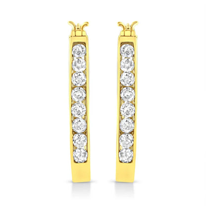 14k Yellow Gold Plated .925 Sterling Silver 1.0 Cttw Channel Set Brilliant Round Cut Diamond Hoop Earrings (J-K Color, I2-I3 Clarity) - Bijoux-NYC Direct