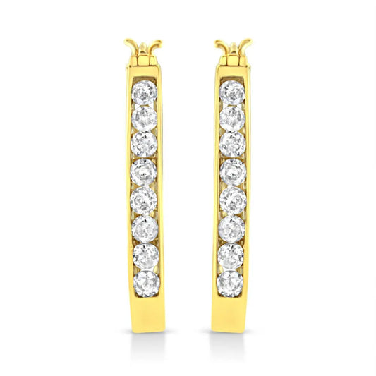 14k Yellow Gold Plated .925 Sterling Silver 1.0 Cttw Channel Set Brilliant Round Cut Diamond Hoop Earrings (J-K Color, I2-I3 Clarity) - Bijoux-NYC Direct