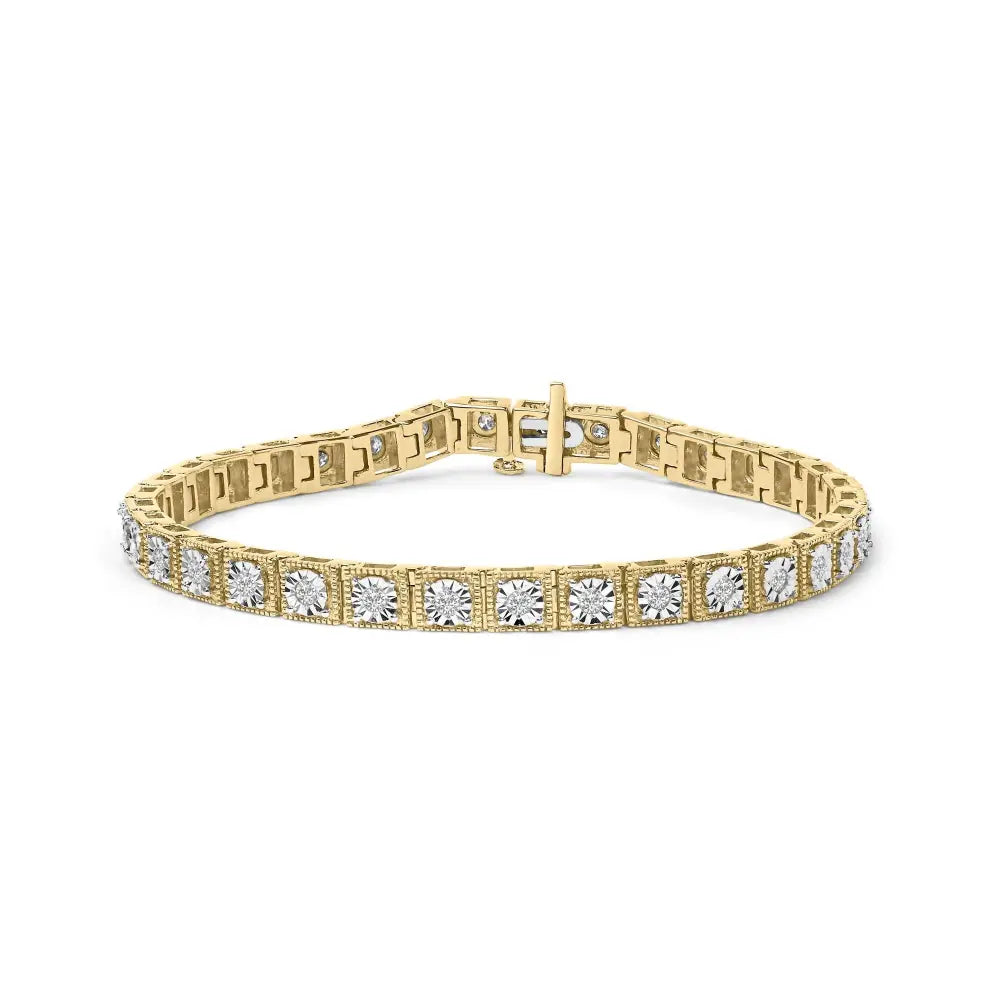 14k yellow gold plated.925 sterling silver 1.0 cttw miracle set diamond milgrain link tennis bracelet (i j color i2 i3 clarity)