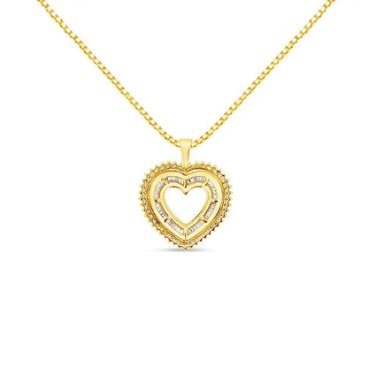 14K Yellow Gold Plated .925 Sterling Silver 1.0 Cttw Round and Baguette-Cut Diamond Composite Hearth 18" Pendant Necklace (I-J Color, I1-I2 Clarity) - Bijoux-NYC Direct
