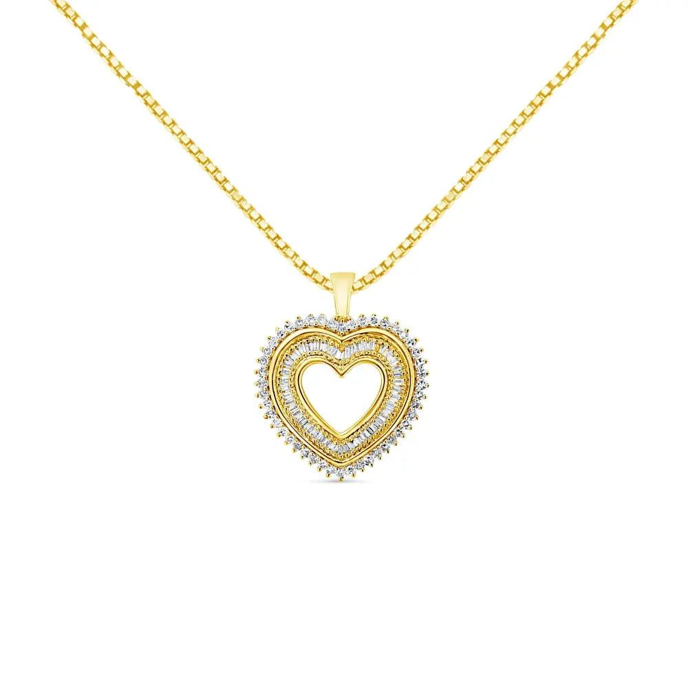 14K Yellow Gold Plated .925 Sterling Silver 1.0 Cttw Round and Baguette-Cut Diamond Composite Hearth 18" Pendant Necklace (I-J Color, I1-I2 Clarity) - Bijoux-NYC Direct