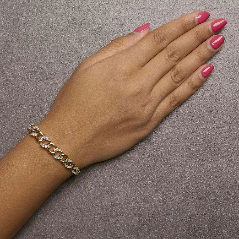 14k yellow gold plated.925 sterling silver 1 1/4 cttw diamond cuban chain link bracelet (i j color i3 clarity) 7.25’’