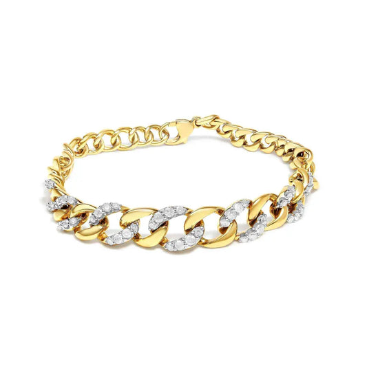 14k yellow gold plated.925 sterling silver 1 1/4 cttw diamond cuban chain link bracelet (i j color i3 clarity) 7.25’’