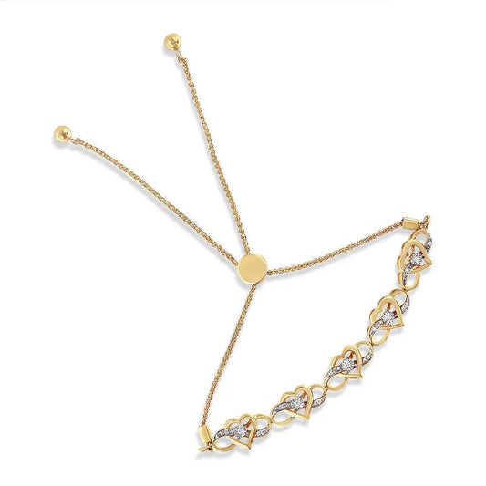 14K Yellow Gold Plated .925 Sterling Silver 1/10 Cttw Diamond Infinity Heart Shaped 4”-10” Adjustable Bolo Bracelet (H-I Color, I2-I3 Clarity) - Bijoux-NYC Direct
