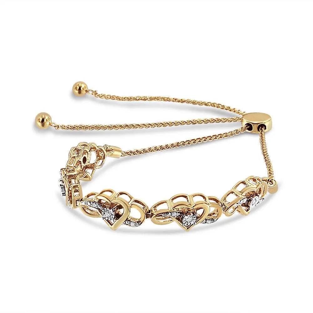 14K Yellow Gold Plated .925 Sterling Silver 1/10 Cttw Diamond Infinity Heart Shaped 4”-10” Adjustable Bolo Bracelet (H-I Color, I2-I3 Clarity) - Bijoux-NYC Direct