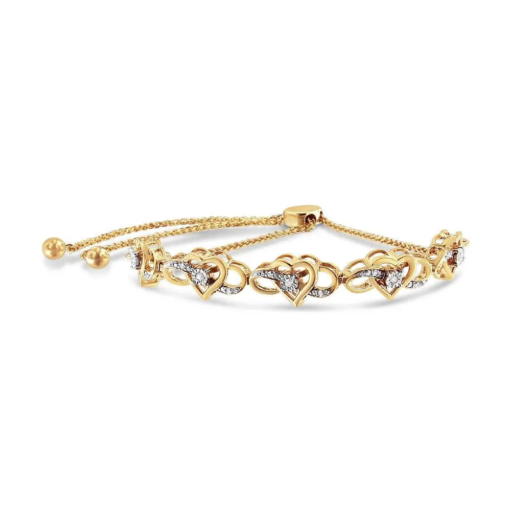 14K Yellow Gold Plated .925 Sterling Silver 1/10 Cttw Diamond Infinity Heart Shaped 4”-10” Adjustable Bolo Bracelet (H-I Color, I2-I3 Clarity) - Bijoux-NYC Direct