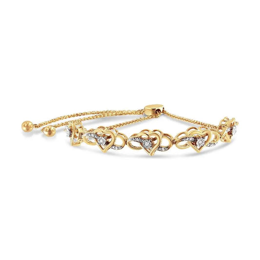 14K Yellow Gold Plated .925 Sterling Silver 1/10 Cttw Diamond Infinity Heart Shaped 4”-10” Adjustable Bolo Bracelet (H-I Color, I2-I3 Clarity) - Bijoux-NYC Direct