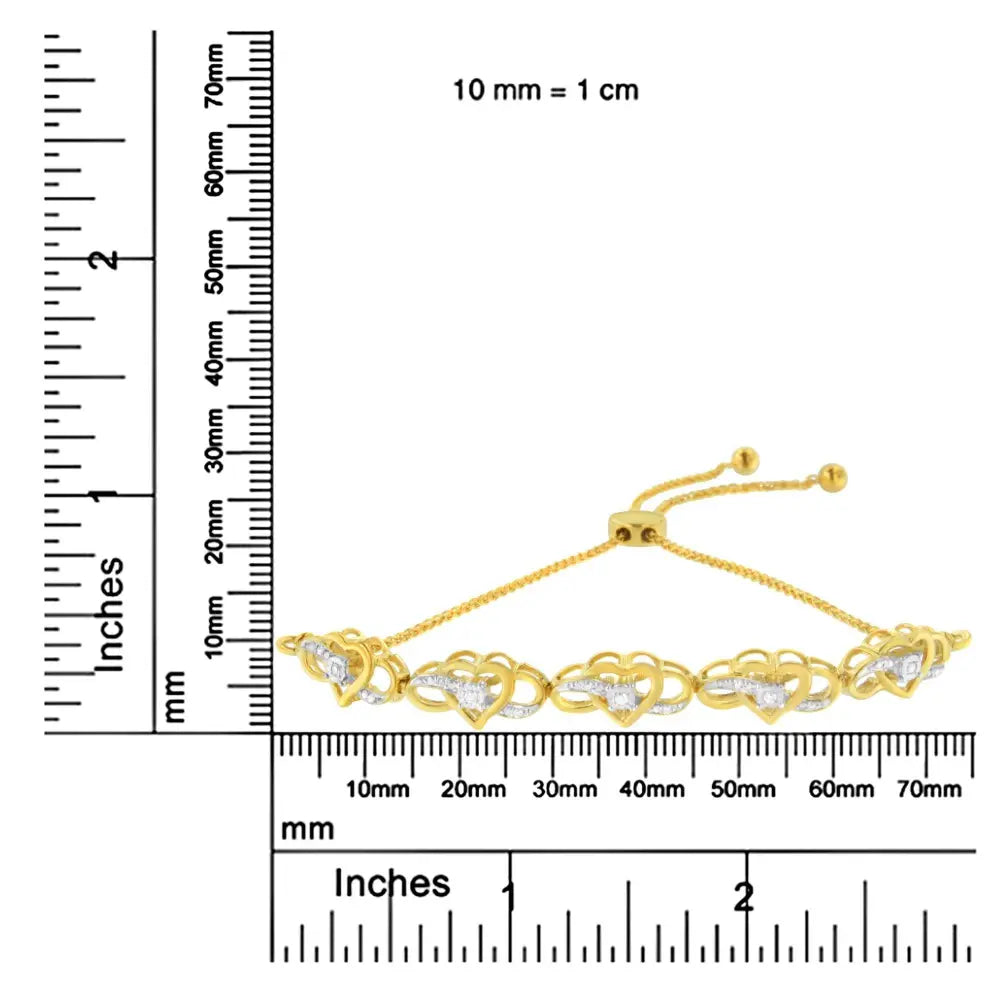 14K Yellow Gold Plated .925 Sterling Silver 1/10 Cttw Diamond Infinity Heart Shaped 4”-10” Adjustable Bolo Bracelet (H-I Color, I2-I3 Clarity) - Bijoux-NYC Direct