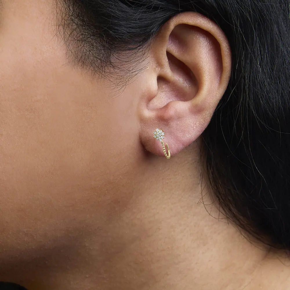 14K Yellow Gold Plated .925 Sterling Silver 1/10 Cttw Diamond Floral Cluster and Beaded Hoop Stud Earrings (H-I Color, I1-I2 Clarity) - Bijoux-NYC Direct