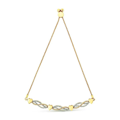 14k yellow gold plated.925 sterling silver 1/10 cttw diamond wave and hearts bolo bracelet (i j color i2 i3 clarity) 4’’ 10’’