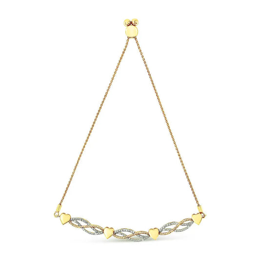 14k yellow gold plated.925 sterling silver 1/10 cttw diamond wave and hearts bolo bracelet (i j color i2 i3 clarity) 4’’ 10’’
