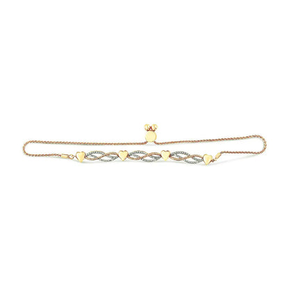 14k yellow gold plated.925 sterling silver 1/10 cttw diamond wave and hearts bolo bracelet (i j color i2 i3 clarity) 4’’ 10’’