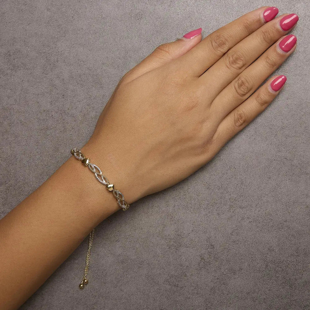 1/10 cttw diamond heart and wave bolo bracelet in 14k gold plated silver bijoux-nyc direct