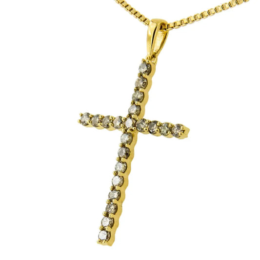 14K Yellow Gold Plated .925 Sterling Silver 1/2 Cttw Champagne Diamond Cross Pendant Necklace (K-L Color, I1-I2 Clarity) - 18" - Bijoux-NYC Direct