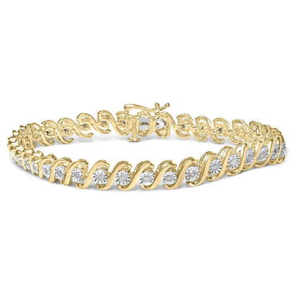 14k yellow gold plated.925 sterling silver 1/2 cttw round miracle set diamond s curve tennis bracelet (i j color i3 clarity) 7’’