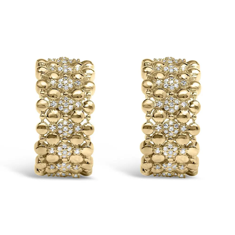14K Yellow Gold Plated .925 Sterling Silver 1/3 Cttw Diamond and Ball Bead J Hoop Earrings (H-I Color, I1-I2 Clarity) - Bijoux-NYC Direct