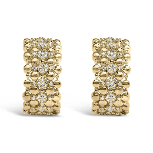14K Yellow Gold Plated .925 Sterling Silver 1/3 Cttw Diamond and Ball Bead J Hoop Earrings (H-I Color, I1-I2 Clarity) - Bijoux-NYC Direct