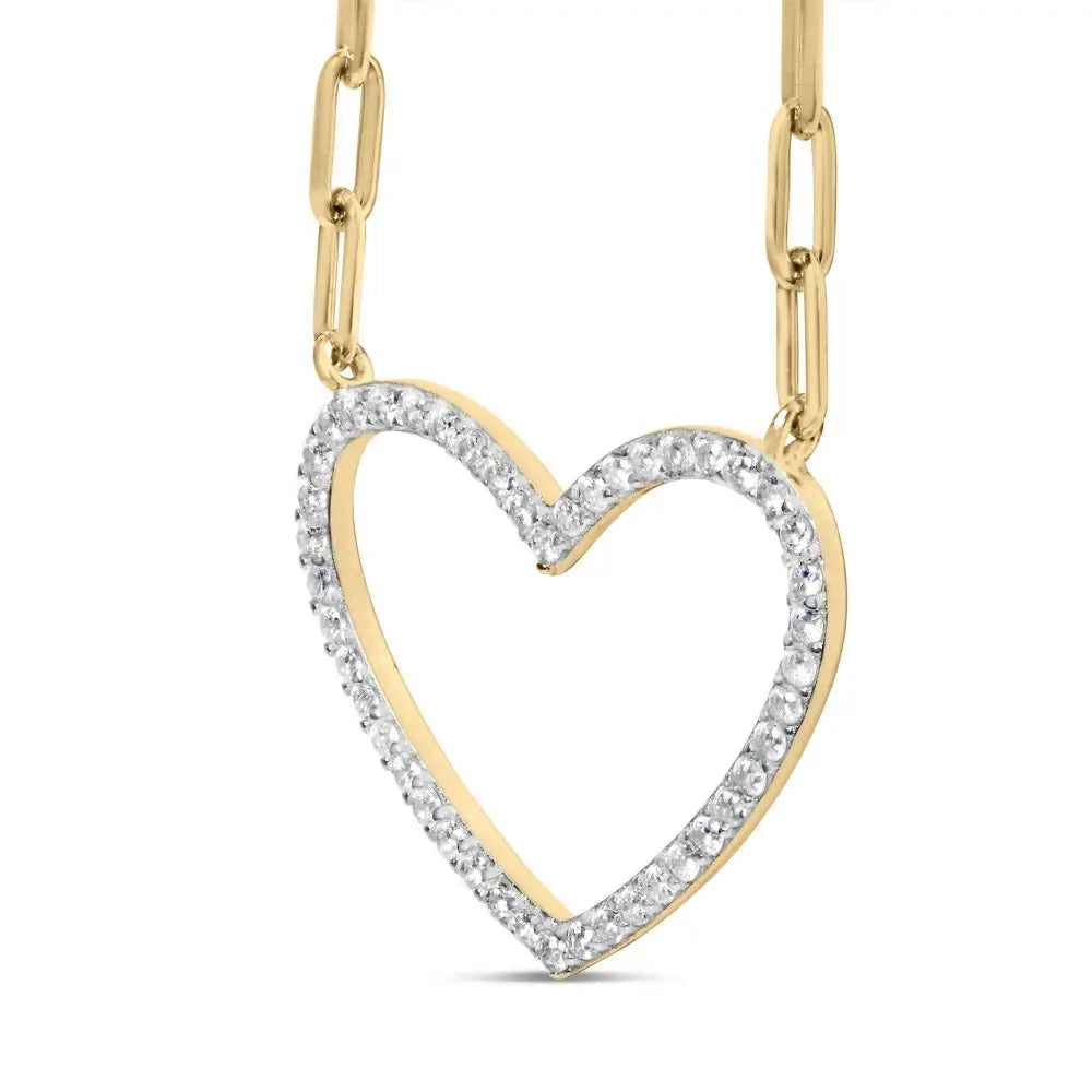 14k yellow gold plated.925 sterling silver 1/4 cttw diamond open heart with paperclip chain pendant necklace (i j color i2 i3